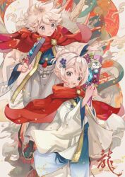 Rule 34 | 1boy, 2girls, capelet, commentary request, dated, dragon, fire emblem, fire emblem fates, fire emblem heroes, flower, grey eyes, hair flower, hair ornament, japanese clothes, kana (female) (fire emblem), kana (female) (rising sunlight) (fire emblem), kana (fire emblem), kana (male) (fire emblem), kana (male) (rising dragon) (fire emblem), kero sweet, kimono, lilith (fire emblem), multiple girls, nintendo, official alternate costume, open mouth, pointy ears, red capelet, scarf, short hair, smile, teeth, upper teeth only, white hair