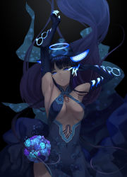 Rule 34 | 1girl, absurdres, bare shoulders, black background, blue eyes, blunt bangs, bouquet, breasts, china dress, chinese clothes, detached sleeves, dress, fate/grand order, fate (series), flower, glowing, halo, highres, long hair, mori yashiro (konkon oyashiro), parted lips, purple hair, sidelocks, simple background, solo, very long hair, yang guifei (fate), yang guifei (third ascension) (fate)