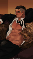 Rule 34 | 1boy, abs, bara, bare pectorals, black suit, blush, bulge, couch, facial hair, formal, glasses, goatee, grey male underwear, highres, jacket, male focus, male underwear, male underwear peek, mature male, muscular, muscular male, navel, navel hair, nipples, on couch, open clothes, open jacket, open pants, open shirt, original, pants, pectorals, round eyewear, short hair, sideburns, solo, stomach, stubble, suit, sweat, sweatdrop, undercut, undershirt, underwear, xiaolumiaoliya