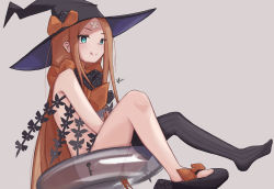 Rule 34 | 1girl, abigail williams (fate), abigail williams (second ascension) (fate), bad id, bad pixiv id, bare shoulders, black bow, black hat, black thighhighs, blonde hair, blue eyes, blush, bow, breasts, fate/grand order, fate (series), hair bow, hat, highres, long hair, looking at viewer, multiple bows, navel, niokai, orange bow, red eyes, sidelocks, simple background, single thighhigh, small breasts, thighhighs, white background, witch hat