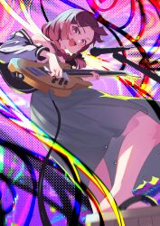 Rule 34 | 1girl, absurdres, bachi, bass guitar, black bow, black jacket, blunt bangs, bocchi the rock!, bow, braid, cable, dress, geta, hair bow, hair over shoulder, highres, hiroi kikuri, holding, holding instrument, instrument, jacket, long hair, long sleeves, looking at viewer, medium dress, microphone stand, multicolored clothes, multicolored jacket, music, open clothes, open jacket, open mouth, playing instrument, plectrum, purple eyes, purple hair, ringed eyes, sharp teeth, single braid, smile, solo, teeth, two-tone jacket, white jacket, yakousei a