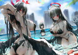 Rule 34 | 3girls, angel wings, arm up, arms under breasts, ass, bare back, bare shoulders, beach, bikini, black bikini, black hair, blue archive, breasts, cleavage, covered erect nipples, dripping, feathered wings, feathers, from behind, halo, haowei wu, hasumi (blue archive), large breasts, leaning forward, looking at viewer, mashiro (blue archive), multiple girls, navel, purple eyes, red eyes, red halo, skindentation, swimsuit, tsurugi (blue archive), water, wet, wings