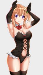 Rule 34 | 1girl, armpits, arms up, bare shoulders, black gloves, black panties, black thighhighs, blush, bow, bow panties, breasts, brown hair, bustier, cleavage, closed mouth, collar, commentary, detached collar, elbow gloves, gloves, gochuumon wa usagi desu ka?, grey background, hair between eyes, hair ornament, hairclip, highres, hoto cocoa, kazenokaze, looking at viewer, medium breasts, navel, one side up, panties, purple eyes, red bow, simple background, solo, thighhighs, underwear, wavy mouth, white collar, wing collar