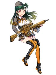 Rule 34 | :d, armband, artist request, assault rifle, black gloves, boots, breasts, bursting breasts, cleavage, cropped jacket, fingerless gloves, full body, g28 (girls&#039; frontline), garrison cap, girls&#039; frontline, gloves, gradient hair, green hair, gun, hat, large breasts, long hair, multicolored hair, one side up, open mouth, orange thighhighs, pinky out, pouch, red eyes, rifle, safety pin, smile, solo, thigh strap, thighhighs, transparent background, trigger discipline, two-tone hair, weapon