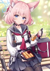 Rule 34 | 1girl, animal ears, bag, bench, blue archive, blue eyes, blunt bangs, blurry, blurry background, blush, breasts, chopsticks, collarbone, fingerless gloves, food, fox ears, gloves, halo, highres, looking at viewer, niko (blue archive), pantyhose, pink hair, sakura ani, sitting, small breasts, smile, solo, tactical clothes