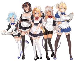 Rule 34 | 5girls, aegis (takunomi), alternate costume, apron, armpits, bike shorts, black dress, black footwear, black legwear, black neckwear, blonde hair, blue bow, blue dress, blue eyes, blue footwear, blue hair, blush, bow, bowtie, breast hold, breasts, brown hair, cameltoe, cleavage, closed mouth, commentary request, crossed arms, dark-skinned female, dark skin, demon tail, detached sleeves, dragon girl, dress, elf, elliot leucosia, enjo kouhai, enmaided, facing viewer, fins, fish girl, folded ponytail, frilled apron, frilled dress, frills, frown, full body, garter straps, green eyes, grey hair, hair ornament, hairclip, hand on own hip, high heels, holding, holding tray, horns, iris (takunomi), juliet sleeves, large breasts, leg up, legs apart, long hair, long sleeves, looking at viewer, maid, maid apron, maid headdress, mary janes, monster girl, multiple girls, oni horns, open mouth, orange eyes, origamine ouka, pointy ears, ponytail, puffy long sleeves, puffy short sleeves, puffy sleeves, purple eyes, red bow, red neckwear, shoes, short dress, short sleeves, sidelocks, simple background, small breasts, smile, standing, straight hair, tail, takunomi, thighhighs, tray, ursula (takunomi), very long hair, waist apron, webbed hands, white apron, white background, white legwear, wing collar, wrist cuffs, zettai ryouiki