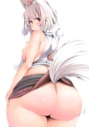 Rule 34 | 1girl, animal ears, ass, ass shake, bare shoulders, black skirt, blush, breasts, commentary request, crop top, from behind, hat, highres, huge ass, inubashiri momiji, large breasts, looking at viewer, looking back, miniskirt, no panties, pom pom (clothes), red eyes, red hat, shishi juuroku, short hair, simple background, skirt, solo, tail, tassel, tokin hat, touhou, turtleneck, undersized clothes, white background, white hair, wolf ears, wolf tail