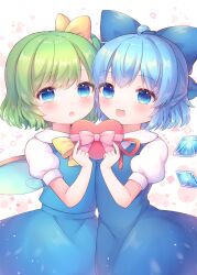 Rule 34 | 2girls, :d, :o, ahoge, blue bow, blue dress, blue eyes, blue hair, blue wings, bow, box, cirno, coa (chroo x), collared shirt, commentary request, daiyousei, detached wings, dress, fairy wings, gift, gift box, green hair, hair bow, heart-shaped box, highres, holding, holding gift, ice, ice wings, looking at viewer, multiple girls, neck ribbon, one side up, open mouth, puffy short sleeves, puffy sleeves, red ribbon, ribbon, shirt, short sleeves, sleeveless, sleeveless dress, smile, touhou, white background, white shirt, wings, yellow bow