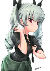 Rule 34 | 1girl, anchovy (girls und panzer), anzio military uniform, black necktie, black ribbon, black shirt, buchikaki, clothes around waist, commentary, dress shirt, drill hair, girls und panzer, green hair, hair ribbon, hand in own hair, leaning forward, long hair, looking at viewer, loose necktie, military, military uniform, necktie, necktie grab, neckwear grab, pants, parted lips, red eyes, ribbon, shirt, short sleeves, sleeves rolled up, solo, standing, twin drills, twintails, twitter username, uniform, wing collar