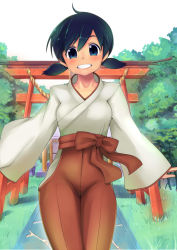 Rule 34 | 1girl, ahoge, azuse neko, black hair, blue eyes, japanese clothes, looking at viewer, outdoors, priestess, shinto, short hair, short twintails, shrine, skin tight, smile, solo, standing, teeth, torii, tree, twintails
