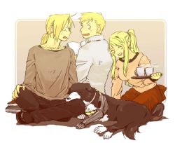Rule 34 | 1girl, 2boys, :d, ^ ^, alphonse elric, animal, automail, blonde hair, book, brothers, closed eyes, coffee mug, crossed legs, cup, den (fma), dog, edward elric, fingernails, frown, full body, fullmetal alchemist, hand on own knee, igi (tarqu0ise), long sleeves, looking away, looking back, mug, multiple boys, open book, open mouth, ponytail, profile, seiza, short hair, siblings, sitting, sleeping, smile, steam, sweatdrop, sweater, teeth, tray, upper teeth only, winry rockbell, yellow eyes