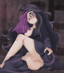 Rule 34 | 10s, 1girl, ahoge, anus, bad id, bad pixiv id, bags under eyes, breast slip, breasts, cleft of venus, clothes lift, covering own eyes, creatures (company), dress, dress lift, embarrassed, game freak, hairband, hand over eye, hex maniac (pokemon), long hair, messy hair, nintendo, no panties, npc trainer, pale skin, pokemon, pokemon xy, purple eyes, purple hair, pussy, solo, tears, uncensored, yuno (mioalice)