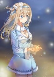 Rule 34 | 1girl, absurdres, alternate costume, blonde hair, blue eyes, blush, breasts, cleavage, closed mouth, coat, floating hair, fur-trimmed coat, fur trim, girls&#039; frontline, hair between eyes, hair ornament, hairband, highres, light particles, lights, long hair, looking at hands, medium breasts, one side up, sidelocks, smile, snowflake hair ornament, solo, sparkle, sunhyun, suomi (girls&#039; frontline), wide sleeves, wind