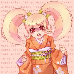 Rule 34 | 1girl, @ @, text background, blonde hair, blush stickers, bow, cat hair ornament, danganronpa (series), danganronpa 2: goodbye despair, derivative work, english text, flipped hair, floral print, hair bow, hair ornament, highres, ibble (ibblescribbles), japanese clothes, kimono, leaning forward, long hair, long sleeves, obi, open mouth, pinching sleeves, print kimono, red eyes, saionji hiyoko, sash, screenshot redraw, shaded face, sleeves past wrists, solo, thick eyebrows, twintails, wall of text, wide sleeves