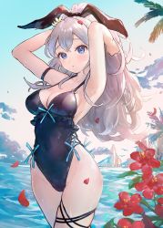 Rule 34 | 1girl, arm strap, armpits, arms behind head, arms up, bare arms, bare shoulders, black one-piece swimsuit, blue eyes, breasts, cleavage, copyright request, covered navel, cowboy shot, day, flower, frills, groin, hair ribbon, halterneck, hibiscus, highleg, highleg swimsuit, highres, long hair, looking at viewer, medium breasts, ocean, one-piece swimsuit, outdoors, parted lips, petals, ponytail, red flower, ribbon, silver hair, skindentation, solo, standing, swimsuit, takeashiro, thighs, very long hair