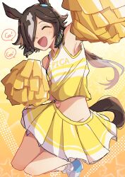 Rule 34 | 1girl, :d, ^ ^, animal ears, armpits, bare shoulders, blush, brown hair, cheerleader, closed eyes, commentary request, crop top, english text, facing viewer, gradient background, grey hair, groin, hair over one eye, highres, hiyo (2016.10), horse ears, horse girl, horse tail, long hair, low ponytail, midriff, multicolored hair, navel, open mouth, pleated skirt, pom pom (cheerleading), ponytail, shirt, shoes, skirt, sleeveless, sleeveless shirt, smile, solo, tail, two-tone hair, umamusume, very long hair, vodka (umamusume), white background, white footwear, white shirt, yellow background, yellow skirt