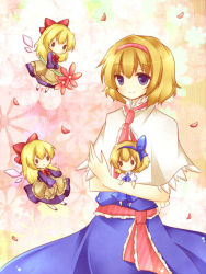 Rule 34 | 1girl, alice margatroid, alice margatroid (pc-98), bad id, bad pixiv id, blonde hair, blue eyes, bow, capelet, character doll, doll, dress, female focus, flower, hairband, holding, kureha goya, mystic square, petals, shanghai doll, short hair, smile, solo, touhou, touhou (pc-98)