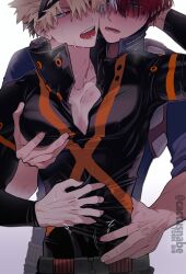 Rule 34 | 2boys, bakugou katsuki, black jacket, blonde hair, boku no hero academia, cactusnabe, collarbone, grabbing, grabbing from behind, hair between eyes, hand on another&#039;s head, hand on another&#039;s waist, highres, jacket, male focus, multiple boys, open mouth, pectoral cleavage, pectoral grab, pectorals, red hair, saliva, saliva swap, saliva trail, teeth, todoroki shouto, tongue, twitter username, two-tone background, upper body, white hair, yaoi