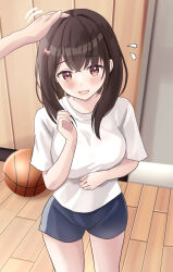 Rule 34 | 1boy, 1girl, :d, ball, basketball, basketball (object), blue shorts, blush, bow, breasts, brown hair, commentary request, flying sweatdrops, gym shirt, gym shorts, gym uniform, hair between eyes, hair bow, hair ornament, hairclip, headpat, highres, indoors, long hair, looking at viewer, medium breasts, motion lines, open mouth, original, out of frame, pink bow, red eyes, shirt, short shorts, short sleeves, shorts, smile, solo focus, standing, white shirt, wooden floor, yukimaru217