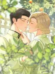 Rule 34 | 2boys, blonde hair, brown hair, closed mouth, collared shirt, commentary request, couple, dion lesage, ear piercing, earrings, fence, final fantasy, final fantasy xvi, food, fruit, hand on another&#039;s shoulder, highres, imminent kiss, jewelry, long sleeves, makuai kyukei, male focus, multiple boys, orange (fruit), outdoors, piercing, plant, puffy sleeves, shirt, short hair, smile, terrence (ff16), tree, upper body, white shirt, yaoi