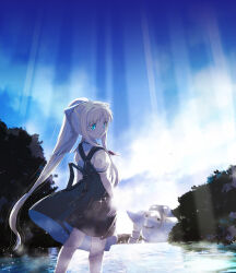 Rule 34 | 1girl, air (visual novel), akayama yukihe, arms at sides, back bow, black bow, black dress, blonde hair, blue eyes, blue sky, bow, commentary, day, dress, feet out of frame, floating hair, fog, hair between eyes, hair over shoulder, highres, kamio misuzu, light blush, light rays, long hair, looking at viewer, looking back, necktie, outdoors, ponytail, puffy short sleeves, puffy sleeves, red necktie, river, school uniform, shirt, short sleeves, sidelocks, sky, sleeveless, sleeveless dress, solo, sparkle, standing, straight hair, sunbeam, sunlight, very long hair, white shirt