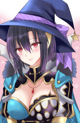 Rule 34 | 1girl, asymmetrical clothes, black hair, blush, breasts, cleavage, cleavage cutout, clothing cutout, fire emblem, fire emblem engage, hair between eyes, hat, highres, jewelry, kirishima riona, large breasts, necklace, nel (fire emblem), nintendo, red eyes, short hair, solo, upper body, witch hat