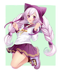 Rule 34 | 1girl, :p, animal ears, ankle boots, bare legs, beanie, big hair, boots, braid, cat ears, closed mouth, hair ornament, hat, index finger raised, jumping, kurabayashi, long hair, long sleeves, looking at viewer, low-tied long hair, original, pink hair, pleated skirt, polka dot, purple eyes, purple sailor collar, purple skirt, ribbon, sailor collar, school uniform, serafuku, shoes, simple background, skirt, solo, tongue, tongue out, twin braids, very long hair, white hair, yellow ribbon
