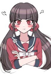 Rule 34 | 1girl, black sailor collar, blunt bangs, blush, bow, bowtie, breast pocket, breasts, closed mouth, cropped torso, danganronpa (series), danganronpa v3: killing harmony, earrings, frown, grey background, hair ornament, hair scrunchie, hairclip, harukawa maki, jewelry, long hair, long sleeves, mole, mole under eye, pocket, pout, red eyes, red scrunchie, red shirt, sailor collar, satori (aosky9077), scrunchie, shirt, simple background, small breasts, solo, white bow, white bowtie