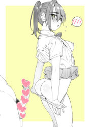 1boy 1girl ass blush border breasts censored clothes_lift collared_shirt cowboy_shot erection from_side greyscale_with_colored_background heart heart_censor hetero highres male_pubic_hair medium_hair monochrome navel nipples open_clothes open_shirt original panties panty_pull penis pubic_hair pulling_own_clothes school_uniform shirt short_sleeves skirt skirt_lift small_breasts solo_focus spoken_blush spot_color testicles tsukimoto_kizuki underwear undressing white_border yellow_background yellow_eyes