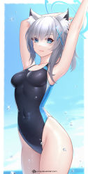Rule 34 | 1girl, animal ear fluff, animal ears, arms up, bare arms, blue archive, blue eyes, breasts, cat ears, closed mouth, collarbone, competition swimsuit, covered navel, cross hair ornament, duplicate, grey hair, groin, hair ornament, halo, highleg, highleg swimsuit, highres, jurrig, looking at viewer, medium breasts, medium hair, mismatched pupils, one-piece swimsuit, pixel-perfect duplicate, shiroko (blue archive), shiroko (swimsuit) (blue archive), sidelocks, solo, standing, swimsuit, thighs, two-tone swimsuit, watermark, web address
