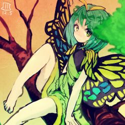 Rule 34 | 1girl, alternate eye color, antennae, aqua hair, barefoot, butterfly wings, closed mouth, dated, dress, eternity larva, fairy, green dress, green eyes, hair between eyes, insect wings, leaf, leaf on head, looking at viewer, maaru (akira428), multicolored clothes, multicolored dress, one-hour drawing challenge, short hair, single strap, solo, touhou, wings