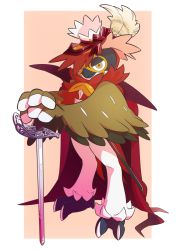 Rule 34 | bird, border, brown eyes, cape, closed mouth, commentary request, creatures (company), frown, full body, game freak, highres, hisuian decidueye, holding, holding sword, holding weapon, nintendo, no humans, pkpokopoko3, pokemon, pokemon (creature), red cape, red pupils, red ribbon, ribbon, solo, sword, weapon, white border