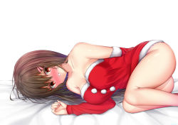 Rule 34 | 1girl, absurdres, bed sheet, blush, breasts, brown hair, cleavage, detached sleeves, dress, fur-trimmed dress, fur-trimmed sleeves, fur trim, hair ornament, highres, large breasts, long hair, long sleeves, looking at viewer, lying, namaponpon 00, on side, red dress, red eyes, red sleeves, santa costume, shiny skin, short dress, simple background, sleeveless, sleeveless dress, solo, strapless, strapless dress, white background
