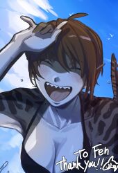 Rule 34 | 1girl, absurdres, arm up, bikini, black bikini, blue background, blue sky, breasts, brown hair, closed eyes, cloud, colored skin, commission, facing viewer, fins, fish tail, grey skin, head fins, highres, large breasts, mametarotyan, monster girl, multicolored skin, open mouth, original, outdoors, shading face, shark girl, shark tail, sharp teeth, short hair, simple bird, skeb commission, sky, solo, swimsuit, tail, teeth, thank you, water, water drop, white skin