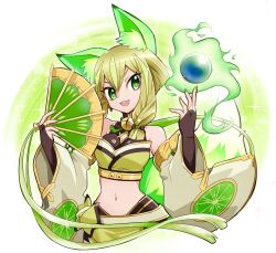 Rule 34 | 1girl, :3, animal ear fluff, animal ears, bell, breasts, bridal gauntlets, brown hair, commentary, crop top, detached sleeves, duel monster, fox ears, fox tail, green eyes, green nails, hair between eyes, hand fan, hands up, highres, holding, holding fan, hu-li the jewel mikanko, medium breasts, multicolored hair, nail polish, navel, open mouth, orb, solo, streaked hair, tail, usoco, wide sleeves, yu-gi-oh!