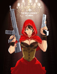Rule 34 | 1girl, alternate costume, assault rifle, bad id, bad pixiv id, breasts, brown hair, bulleta (cosplay), cape, chandelier, cleavage, company connection, corset, cosplay, cuff links, dress, dual wielding, fleur-de-lis, folklore, green eyes, grimm&#039;s fairy tales, gun, handgun, holding, hood, large breasts, lips, little red riding hood, little red riding hood (grimm), little red riding hood (grimm) (cosplay), maou alba, nose, pistol, red cape, resident evil, resident evil 5, rifle, sheva alomar, sig sauer 556, solo, trigger discipline, vampire (game), weapon, wrist cuffs