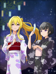 Rule 34 | 2girls, arm at side, artist request, asymmetrical sidelocks, black hair, black yukata, blonde hair, bob cut, breasts, clenched hands, collarbone, eyelashes, female focus, festival, flat chest, floral print, friends, hair between eyes, hair bun, hands up, happy, height difference, highres, idolmaster, idolmaster cinderella girls, idolmaster cinderella girls starlight stage, japanese clothes, kimono, kurosaki chitose, large breasts, light smile, long hair, looking at viewer, looking up, medium hair, multiple girls, namco, neck, night, night sky, obi, outdoors, pink sash, pink yukata, ponytail, print yukata, purple eyes, red eyes, red obi, red sash, sash, shirayuki chiyo, sidelocks, sky, smile, standing, summer, tanabata, traditional clothes, wide sleeves, yukata