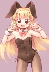 Rule 34 | 1girl, :d, animal ears, black leotard, blonde hair, blush, bow, bowtie, breasts, brown pantyhose, commentary request, covered navel, cowboy shot, detached collar, double w, emurin, fake animal ears, leotard, long hair, looking at viewer, open mouth, original, pantyhose, playboy bunny, purple background, red bow, red bowtie, red eyes, simple background, small breasts, smile, solo, strapless, strapless leotard, very long hair, w, wrist cuffs
