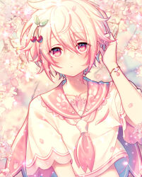 Rule 34 | 1boy, blush, bracelet, cherry blossoms, cherry hair ornament, chiyu (silverxxxx), closed mouth, crop top, food-themed hair ornament, hair ornament, jewelry, looking at viewer, male focus, neck tattoo, original, pink eyes, pink hair, pink sailor collar, sailor collar, short hair, short sleeves, solo, tattoo