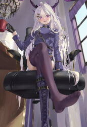 Rule 34 | 1girl, absurdres, ahoge, black footwear, black gloves, black horns, black shirt, black thighhighs, blue archive, blush, boots, breasts, chair, commentary, cup, demon horns, gloves, highres, hina (blue archive), holding, holding cup, horns, indoors, knee boots, long hair, long sleeves, looking at viewer, multiple horns, open mouth, paper, parted bangs, purple eyes, renge (730), shirt, single knee boot, sitting, small breasts, solo, thighhighs, very long hair, white hair, window