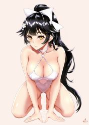 Rule 34 | 1girl, all fours, azur lane, bad id, bad twitter id, bare legs, bare shoulders, barefoot, black hair, breasts, choker, cleavage, collarbone, commentary, covered navel, full body, hair ornament, halterneck, highres, infinote, large breasts, long hair, looking at viewer, one-piece swimsuit, ponytail, signature, simple background, solo, swimsuit, takao (azur lane), takao (beach rhapsody) (azur lane), very long hair, white one-piece swimsuit, yellow eyes