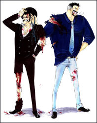 Rule 34 | 2boys, belt, black hair, blood, blue shirt, facial hair, full body, glasses, hand in pocket, hand on another&#039;s face, hand on own hip, hip focus, injury, male focus, monkey d. garp, multiple boys, necktie, one piece, sengoku (one piece), shirt, simple background, standing, torn clothes, white background