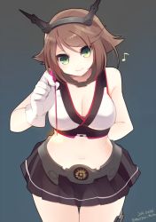 Rule 34 | 10s, 1girl, arm behind back, bad id, bad twitter id, bare shoulders, breasts, cleavage, cowboy shot, dated, fireworks, gloves, green eyes, headgear, highres, kantai collection, large breasts, looking at viewer, midriff, muryotaro, musical note, mutsu (kancolle), navel, quaver, short hair, skirt, solo, sparkler, twitter username, white gloves