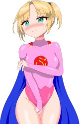 Rule 34 | 1girl, absurdres, alternate breast size, bare legs, blonde hair, blue eyes, blush, breasts, cape, commission, commissioner upload, cosplay, cowboy shot, highres, itsuya (hmizugucti), kantai collection, kokubu karin, kokubu karin (cosplay), large breasts, leotard, looking at viewer, maikaze (kancolle), nose blush, parted bangs, pink leotard, ponytail, red cape, simple background, solo, superhero costume, tonde buurin, turtleneck, white background