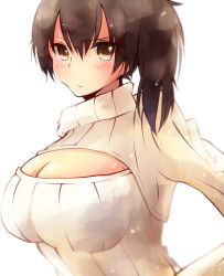 Rule 34 | 10s, 1girl, bad id, bad pixiv id, blush, breasts, brown eyes, brown hair, cleavage, cleavage cutout, clothing cutout, heart, heart-shaped pupils, kaga (kancolle), kantai collection, large breasts, looking at viewer, meme attire, nano (cherry line), open-chest sweater, ribbed sweater, short hair, side ponytail, simple background, solo, sweater, symbol-shaped pupils, upper body, white background