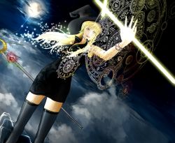 Rule 34 | 1girl, above clouds, black dress, black thighhighs, blonde hair, bracelet, cloud, dress, dutch angle, earrings, energy sword, fishnet thighhighs, fishnets, full moon, hat, jewelry, light particles, long hair, magic, magic circle, moon, necklace, open mouth, original, outstretched hand, pendant, ring, short dress, solo, staff, sword, tera l, thighhighs, weapon, witch, witch hat, yellow eyes, zettai ryouiki
