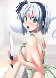 Rule 34 | 1girl, :o, alternate costume, apron, bare arms, bare shoulders, black hairband, black ribbon, blush, bottomless, breasts, commentary request, counter, cutting board, food, green apron, green eyes, hair between eyes, hair ribbon, hairband, hand on own chest, highres, hitodama, holding, holding knife, holding weapon, index finger raised, indoors, kitchen knife, knife, konpaku youmu, konpaku youmu (ghost), looking at viewer, naked apron, nori tamago, nose blush, open mouth, ribbon, short hair, silver hair, small breasts, solo, standing, sweatdrop, touhou, upper body, weapon