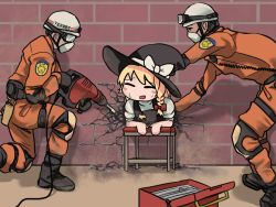 Rule 34 | 114514, 1girl, 2boys, black footwear, black gloves, black hair, black headwear, black vest, blush, boots, bow, commentary request, cookie (touhou), crack, cracked wall, drill, fox eyes, full body, gloves, goggles, hard hat, hat, hat bow, helmet, helping, hide (acceed), johnsmith, jumpsuit, kirisame marisa, long hair, looking at another, manatsu no yo no inmu, mask, mouth mask, multiple boys, open mouth, orange jumpsuit, power drill, power tool, shirt, short hair, standing, star (symbol), stuck, suzu (cookie), sweatdrop, through wall, toolbox, touhou, upper body, vest, white bow, white shirt, witch hat, yajuu senpai