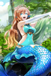 Rule 34 | 1girl, :d, blue eyes, breasts, brown hair, cloud, commentary request, covered navel, elbow gloves, fins, gloves, head fins, highres, ivuki, large breasts, long hair, mermaid, monster girl, open mouth, original, outdoors, outstretched arms, ruins, sitting, smile, solo, upper body, white gloves