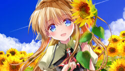 Rule 34 | 1girl, :d, air (visual novel), asahina yori, ascot, blonde hair, blue eyes, blue sky, cloud, commentary request, contrail, field, flower, flower field, holding, holding flower, kamio misuzu, long hair, looking at viewer, open mouth, outdoors, red ascot, sky, smile, solo, sunflower, sunflower field, upper body